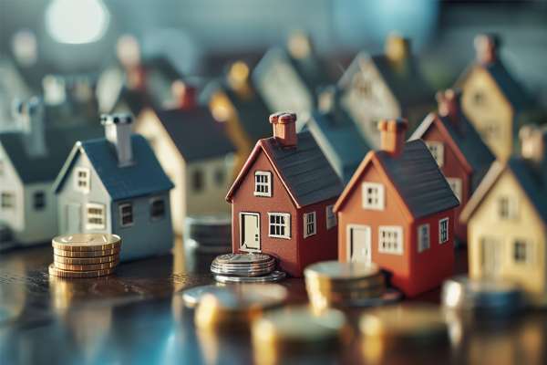 Kleine Häuschen und Münzen auf Tisch