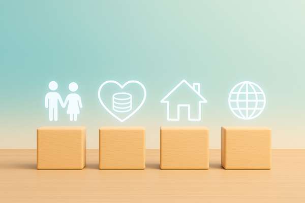 Icons zu Personen, Herz, Haus und Globus